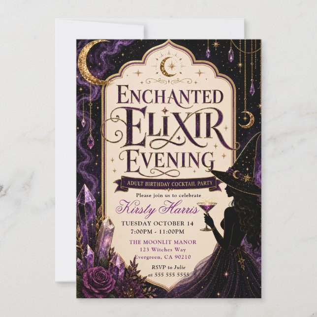 Convites Elixir de Bruxa Encantada Noite de Aniversário (Frente)