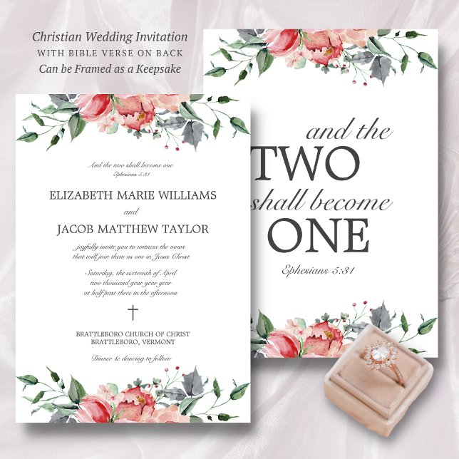 Convites Elizabeth Dois Se Tornará Um Casamento Cristão (Pink, floral, Christian wedding invitation with Bible verse on back.)
