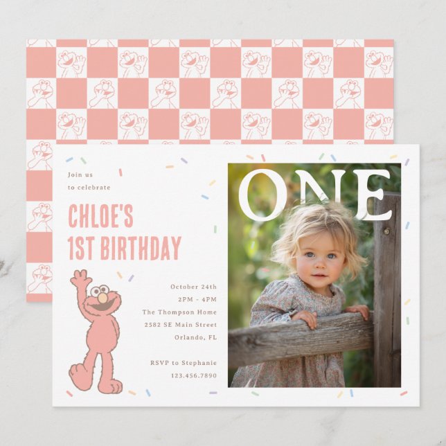 Convites Elmo Pink Confetti 1st Birthday Celebration (Frente/Verso)