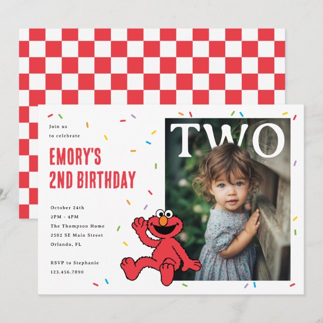 Convites Elmo Red Confetti Second Birthday (Frente/Verso)