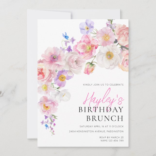 Convites Eloise Pink Floral Birthday Brunch (Frente)