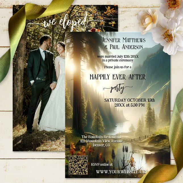 Convites Elopement Feliz Para Sempre Após A Foto De Casamen (Happily ever after wedding invitation featuring your photo and an enchanted forest in the mountains)
