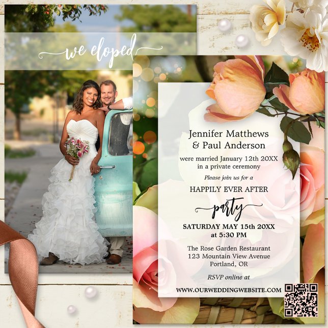 Convites Elopement Feliz Para Sempre Após A Foto De Casamen (Boho chic happily ever after wedding party invitation with photo, roses and QR code template)