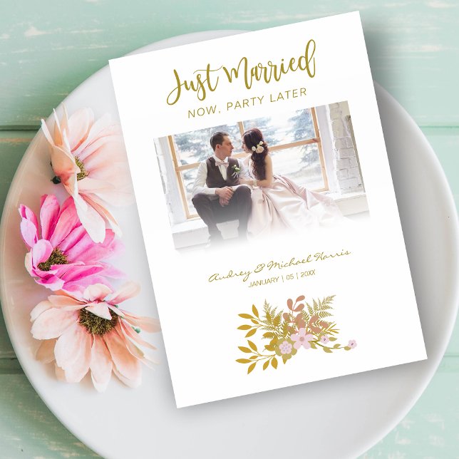 Convites Elopement Photo Wedding Elegant Floral Fake Golden (Criador carregado)