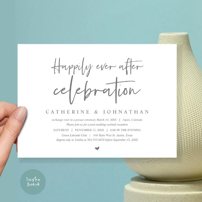 Convites Elopemento de Casamento, Feliz Nunca Depois da Cel (Wedding Elopement Dinner, Happily Ever after celebration Invitation Card, PDF, in Dark Grey)