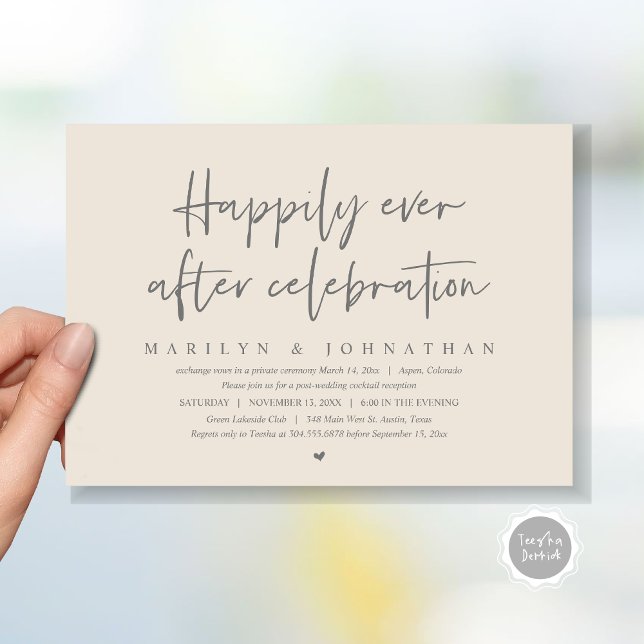 Convites Elopemento De Casamento, Feliz Nunca Depois Da Cel (Wedding Elopement, Happily Ever after Celebration Invitation Card, Printed, File, in grey and cream)