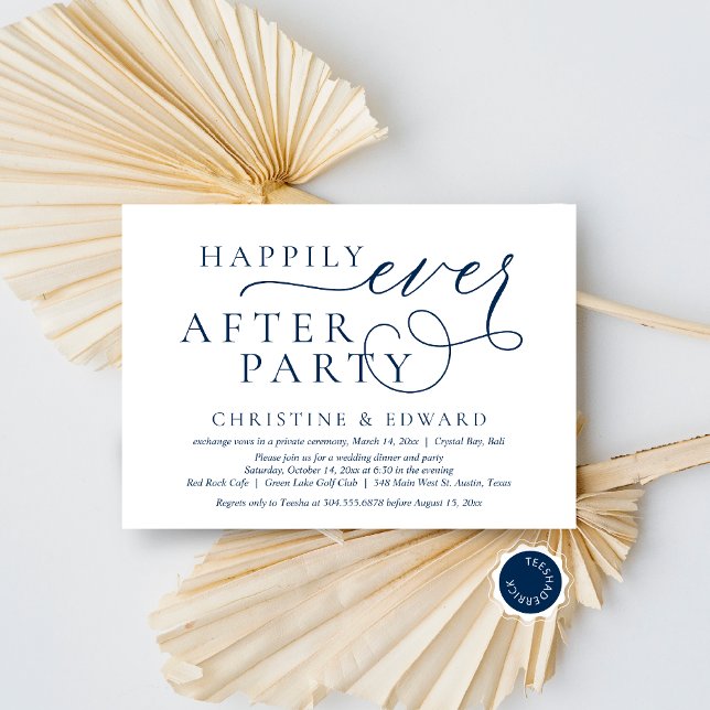 Convites Elopemento De Casamento, Feliz Nunca Depois Da Fes (Wedding Elopement, Happily Ever After Party Invitation Card, Downloadable, Navy Blue Scheme, Classy)
