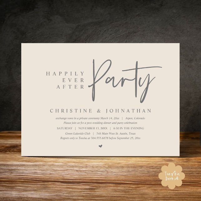 Convites Elopemento De Casamento, Feliz Nunca Depois Da Fes (Happily Ever After Party Modern Casual Wedding Elopement Dinner Dance Invitation Card PDF Cream Grey)