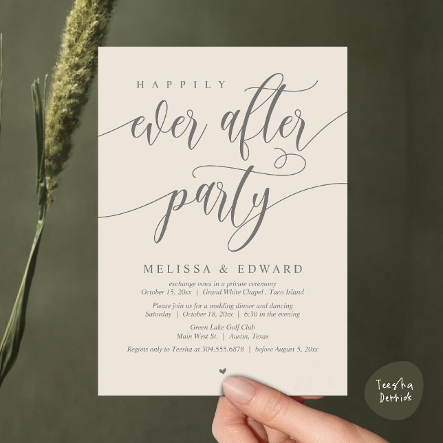 Convites Elopemento De Casamento, Feliz Nunca Depois Da Fes (Happily Ever After Party Invitation Card, PDF, Wedding Elopement Dinner Brunch Lunch, Cream Grey)