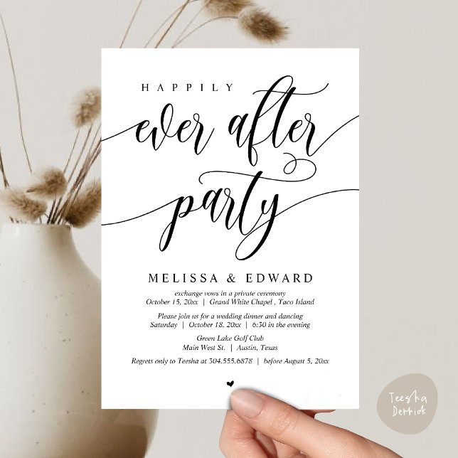 Convites Elopemento De Casamento, Feliz Nunca Depois Da Fes (Happily Ever After Party Invitation Card, PDF, Wedding Elopement Dinner Brunch Lunch, White Black)