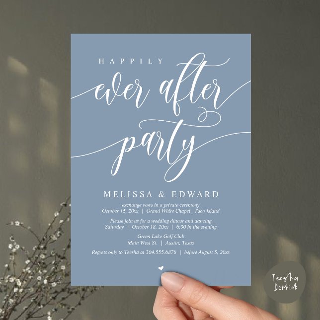 Convites Elopemento De Casamento, Feliz Nunca Depois Da Fes (Happily Ever After Party Invitation Card, PDF, Wedding Elopement Dinner Brunch Lunch, Dusty Blue)