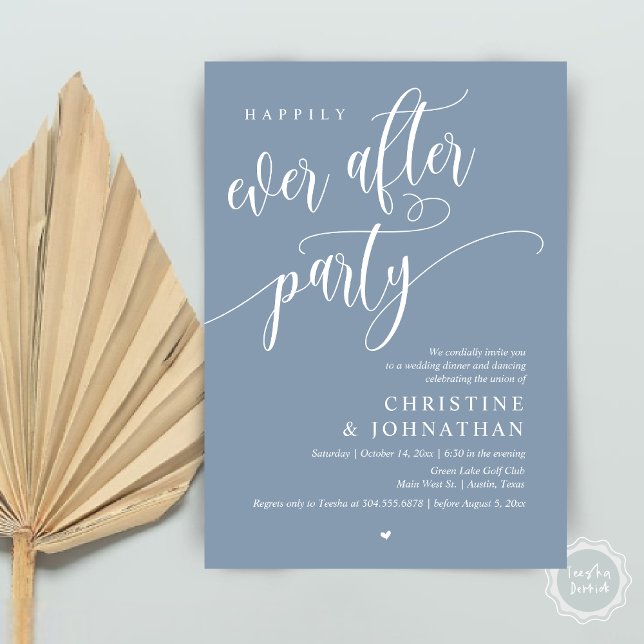 Convites Elopemento De Casamento, Feliz Nunca Depois Da Fes (Wedding Elopement, Happily Ever After Party Invites Card, Modern Contemporary, PDF, in Dusty Blue)