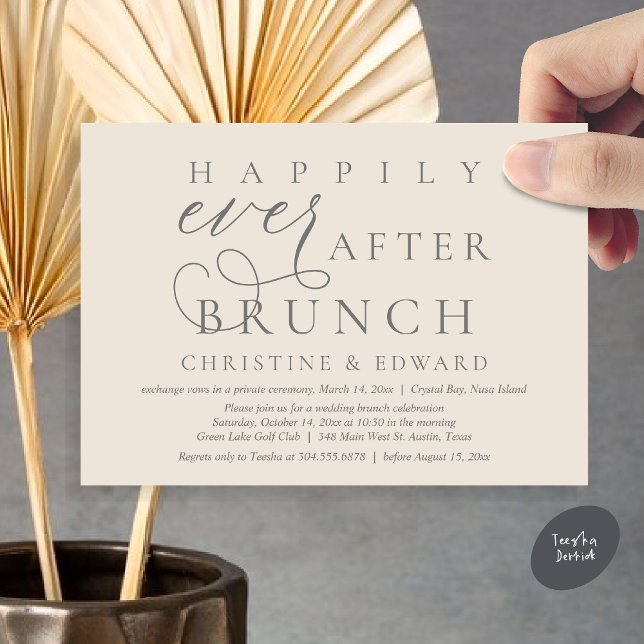 Convites Elopemento De Casamento, Feliz Sempre Depois De Br (Modern Classy Wedding Elopement, Happily Ever After Brunch Invitation Card, PDF, in Cream Grey)