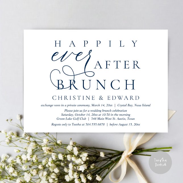 Convites Elopemento De Casamento, Feliz Sempre Depois De Br (Modern Classy Wedding Elopement, Happily Ever After Brunch Invitation Card, PDF, in Navy Blue)