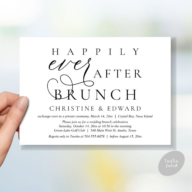 Convites Elopemento De Casamento, Feliz Sempre Depois De Br (Modern Classy Wedding Elopement, Happily Ever After Brunch Invitation Card, PDF, in White and Black)