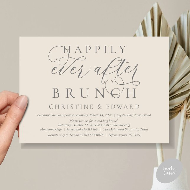 Convites Elopemento De Casamento, Feliz Sempre Depois De Br (Modern Classy Wedding Elopement, Happily Ever After Brunch Invitation Card, PDF, in Cream Grey)