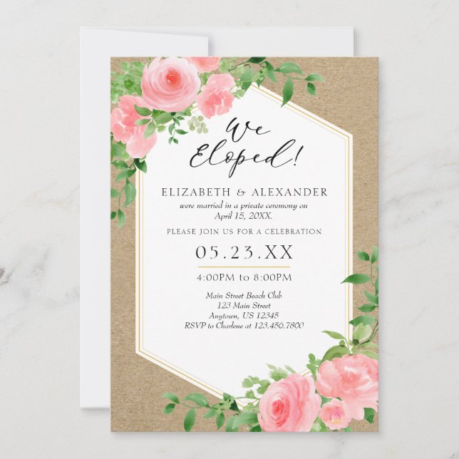 Convites Elopemento De Casamento Floral Cor-De-Rosa. (Frente)