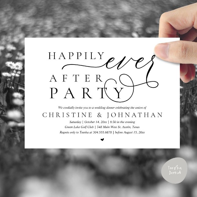 Convites Elopemento de Casamento Moderno, Feliz Nunca Depoi (Modern Cute Wedding Elopement, Happily Ever After Party Invitation Card, PDF, in Black and White)
