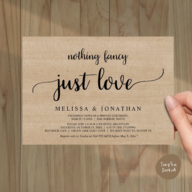 Convites Elopemento De Casamento, Nada De Rico Apenas Ame J (Wedding Elopement, Nothing Fancy Just Love Dinner Invitation Card, PDF, Rustic Cottage Brown Wood)