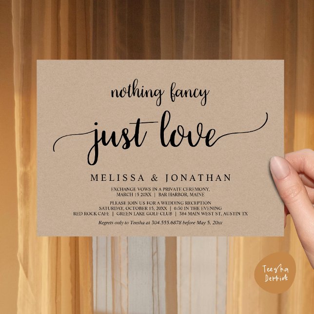 Convites Elopemento De Casamento, Nada De Rico Apenas Ame J (Wedding Elopement, Nothing Fancy Just Love Dinner Invitation Card, PDF, Rustic Cottage Brown Kraft)