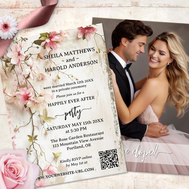 Convites Elopemento de Recepção de casamento Bico (Boho chic happily ever after or post wedding invitation featuring your photo and watercolor flowers)