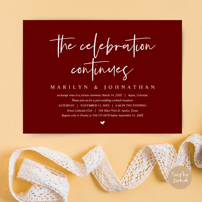 Convites Elopemento do Casamento Moderno continua a comemor (Wedding Elopement, Modern celebration continues Invitation Card, PDF, in Burgundy Red)