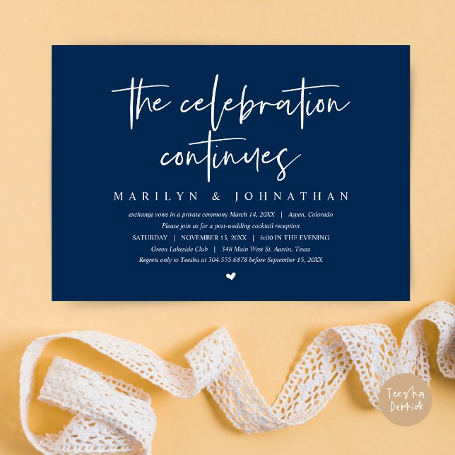 Convites Elopemento do Casamento Moderno continua a comemor (Wedding Elopement, Modern celebration continues Invitation Card, PDF, in Navy Blue)