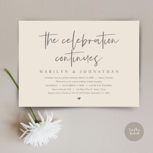 Convites Elopemento do Casamento Moderno continua a comemor (Wedding Elopement, Modern celebration continues Invitation Card, PDF, in Dark Grey and Cream)