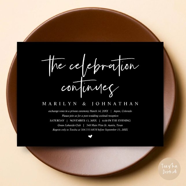 Convites Elopemento do Casamento Moderno continua a comemor (Wedding Elopement, Modern celebration continues Invitation Card, PDF, in Classy Black)