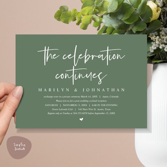 Convites Elopemento do Casamento Moderno continua a comemor (Wedding Elopement, Modern celebration continues Invitation Card, PDF, in Sage Green)