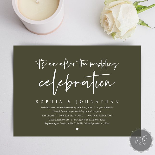 Convites Elopemento Moderno, após a celebração do casamento (After the wedding celebration Invitation Card, Modern Olive Green Elopement Dinner, Party, Download)