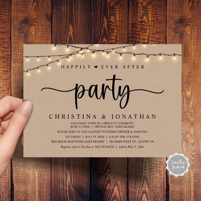 Convites Elopemento Russo De Casamento, Feliz Nunca Depois  (Rustic Wedding Elopement, Happily Ever After Party Invitation Card, PDF, String Lights Brown Kraft)