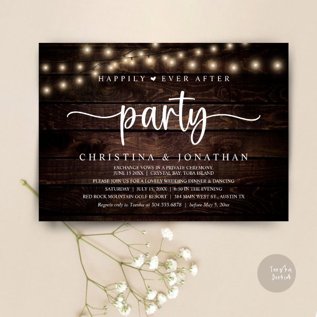 Convites Elopemento Russo De Casamento, Feliz Nunca Depois  (Rustic Wedding Elopement, Happily Ever After Party Invitation card, pdf, in cottage dark wood)