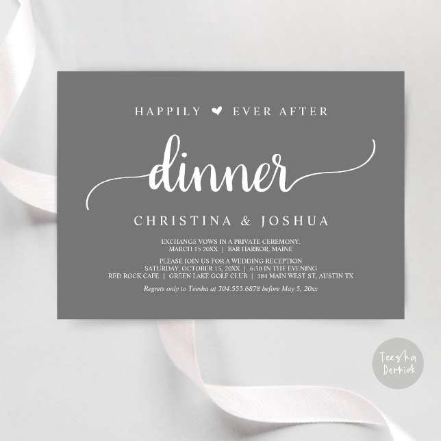 Convites Elopemento Russo De Casamento Feliz Para Sempre Ap (Happily Ever After Dinner Invitation Card, Modern Elopement Rustic Script, PDF, Dark Grey)