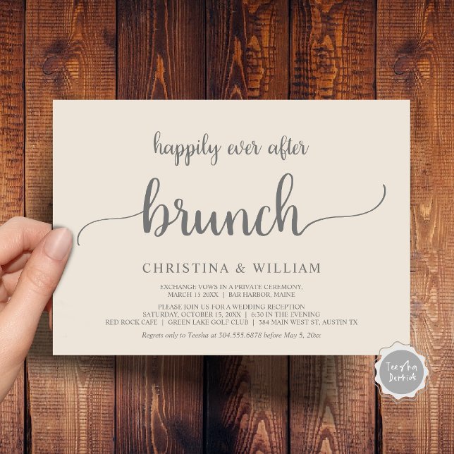 Convites Elopemento Russo De Casamento Feliz Para Sempre De (Rustic Wedding Elopement Happily Ever After Brunch Invitation Card, PDF, in Cream Dark Grey)