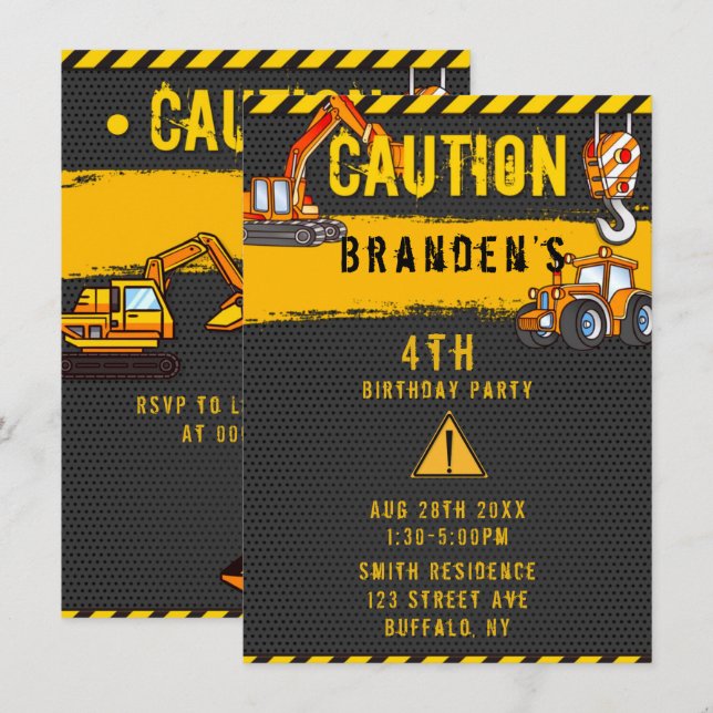 Convites Em Construção, Caminhões De Cuidado Festa de anive (Frente/Verso)