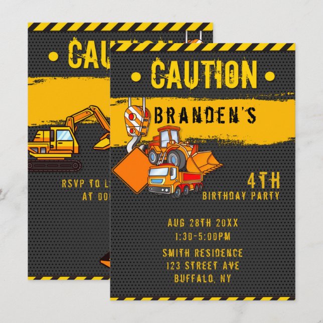 Convites Em Construção, Caminhões De Precaução Festa de ani (Frente/Verso)