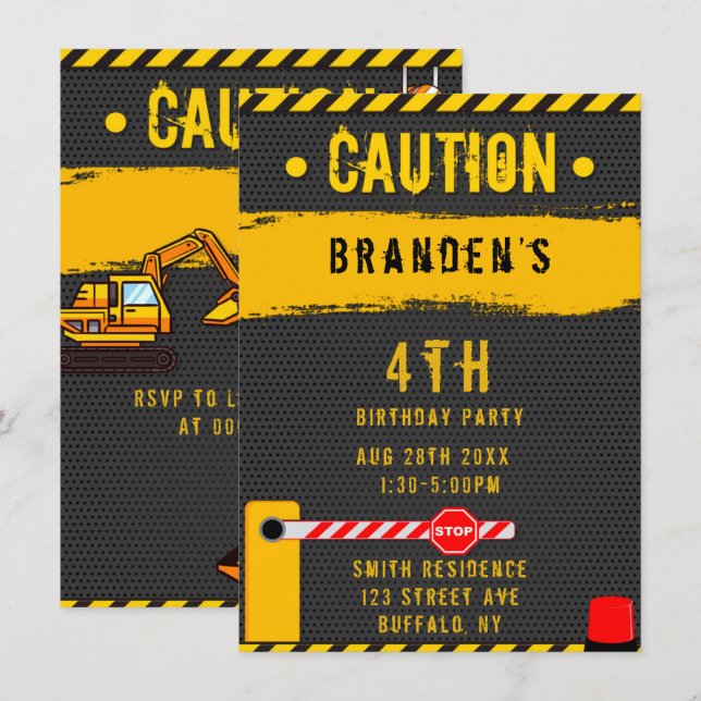 Convites Em Construção, Caminhões De Precaução Festa de ani (Frente/Verso)