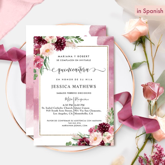 Convites Em Espanhol, Borgonha e Quinceañera Floral Rosa (Criador carregado)
