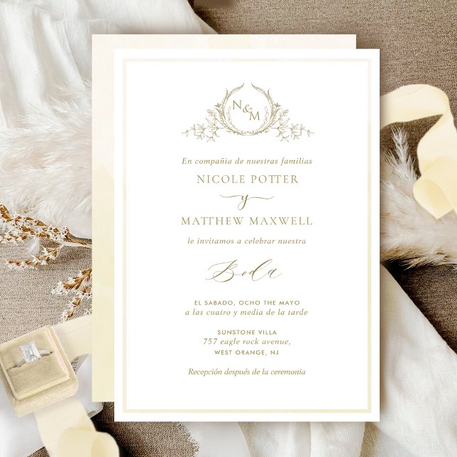 Convites Em espanhol, Casamento Champagne Elegante Monogram (Criador carregado)