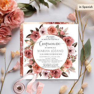 Convites Em espanhol, Confirmação, Floral em Dourado Rosa