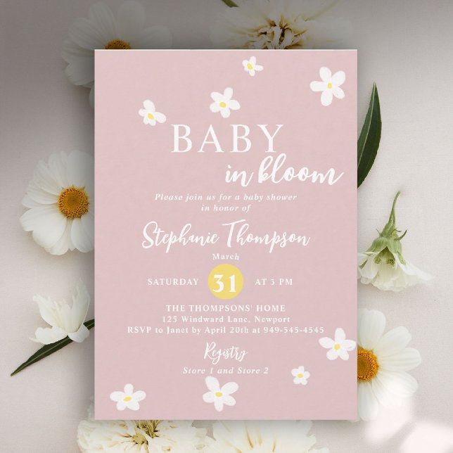 Convites Em Flor Margarida Primavera Rosa Branco Chá de Beb (baby in bloom spring baby shower invitation daisy wildflower blush pink white calligraphy elegant)