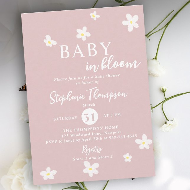 Convites Em Flor Margarida Rosa Branco Menina Primavera Chá (baby in bloom spring baby shower invitation daisy wildflower blush pink white modern calligraphy)