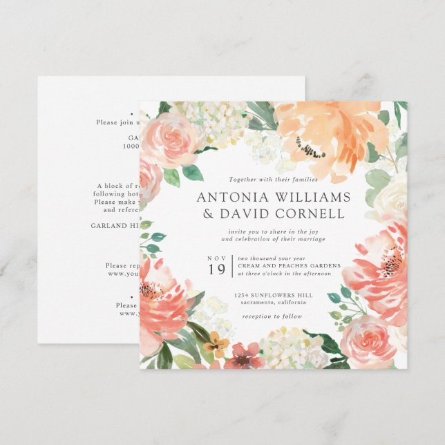 Convites Em flor | Todos num casamento Botânico Peach Pink (Frente/Verso)