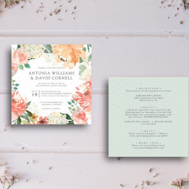 Convites Em flor | Todos num casamento Botânico Peach Pink (Floral square all in one wedding invitation featuring modern layout  peach, pink blush flower )