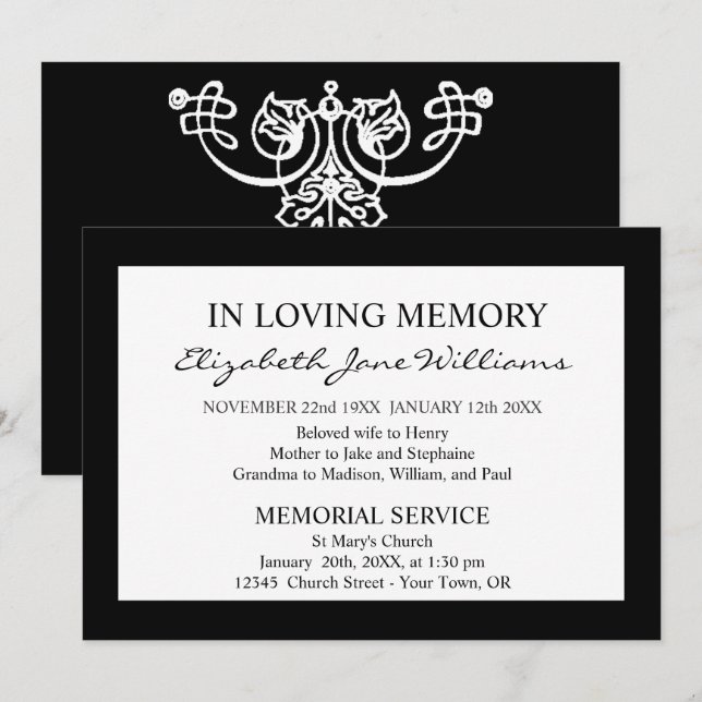 Convites Em Memória Amorosa | Funeral | Borda Preta Simples (Frente/Verso)