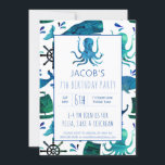 Convites Embaixo do Sea Watercolor Kids Octopus Birthday<br><div class="desc">Sob O Padrão De Octopus Oceânico Por Aquarela Do Mar Personalizou Convites De Aniversário. Padrão temático do oceano náutico. Baleia,  polvo,  barco,  âncoras e naves rodopadas em fundo branco. Coordenar com outros suprimentos de partes náuticas. Editar para adicionar detalhes da parte. www.SamAnnDesigns.com</div>