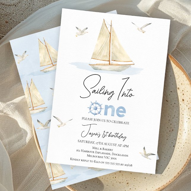 Convites Embarcação De Navegação Azul Que Veleja Em Um prim (Sailing Into 1st Birthday Invite Boy Nautical Sailing Boat Party Invitation Printable Light Blue )