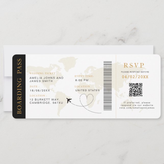 Convites Embarque Pass Destino Casamento QR código Rsvp (Frente)