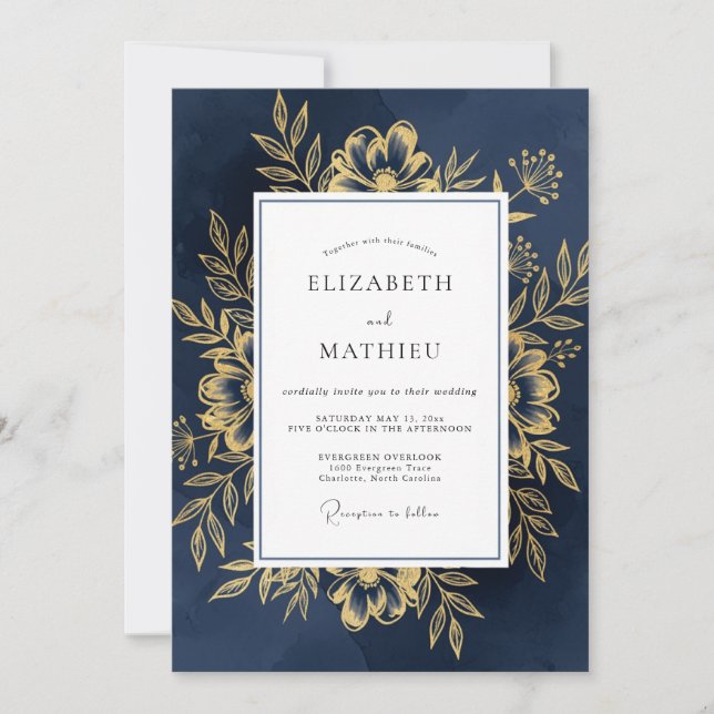 Convites Emblema Floral Dourado da Marinha Casamento (Frente)
